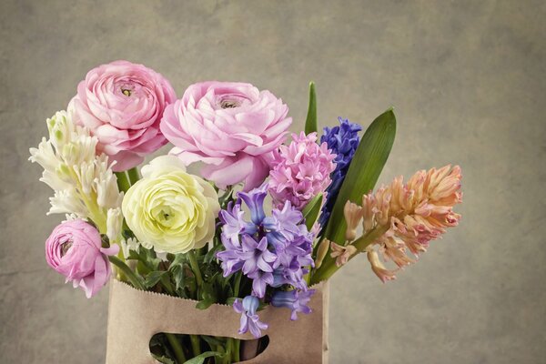 A bouquet of beautiful flowers in a package