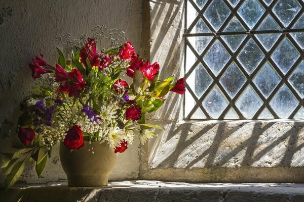 Stillleben von Blumen auf Fensterhintergrund