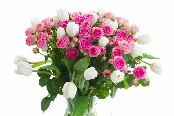 A large bouquet of pink roses and white tulips