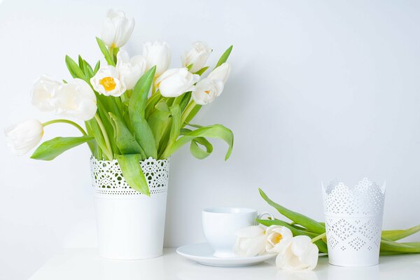 Tulipani bianchi in vaso e tazza di tè