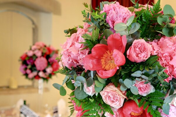 Pink bouquet of peonies and hydrangeas