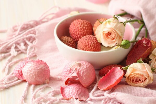 Pink lychee tablecloth on a plate