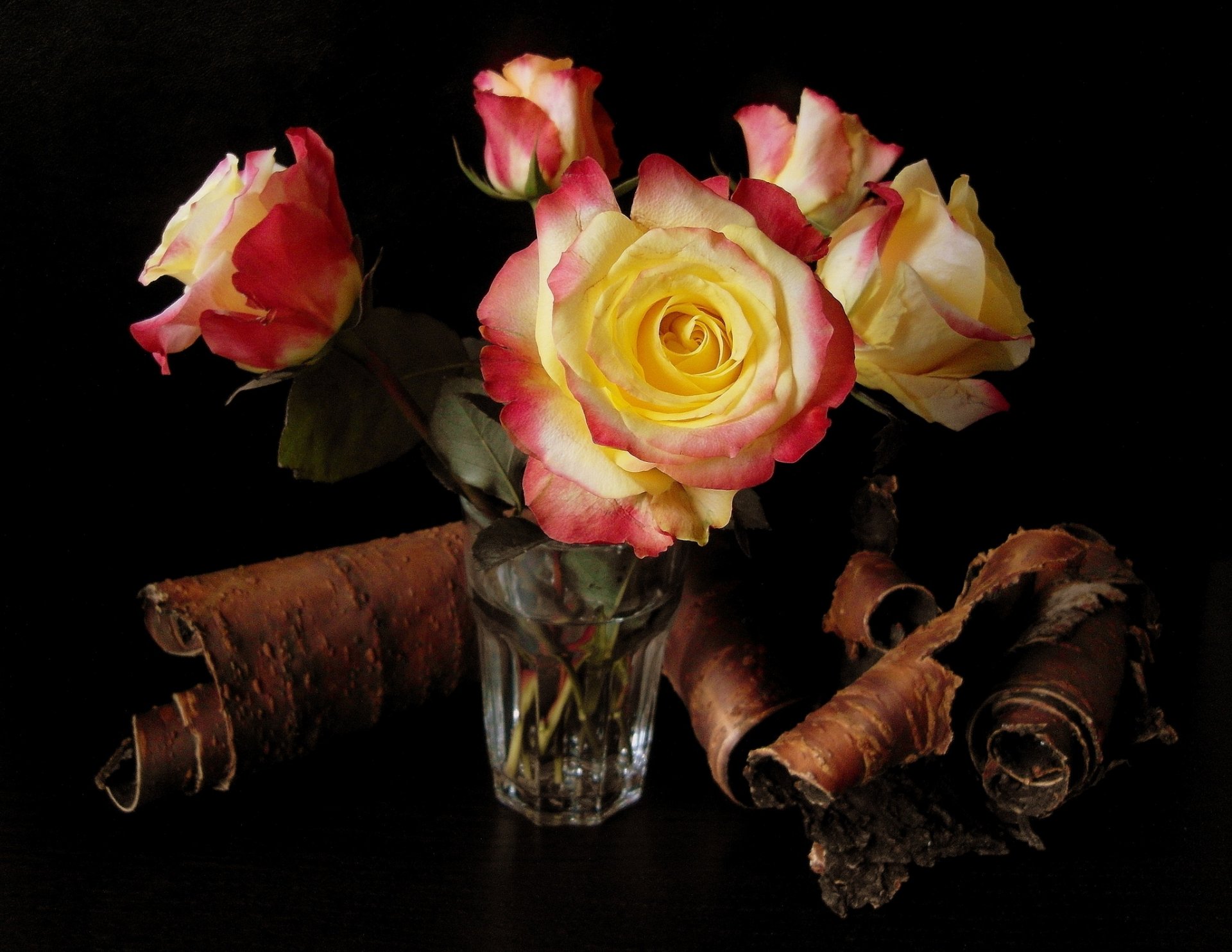 blumen schön rosen blume blumenstrauß birkenrinde rinde glas wasser