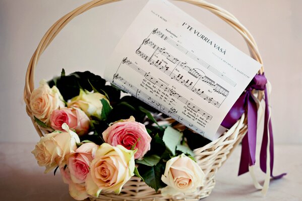 Basket with roses sheet with notes