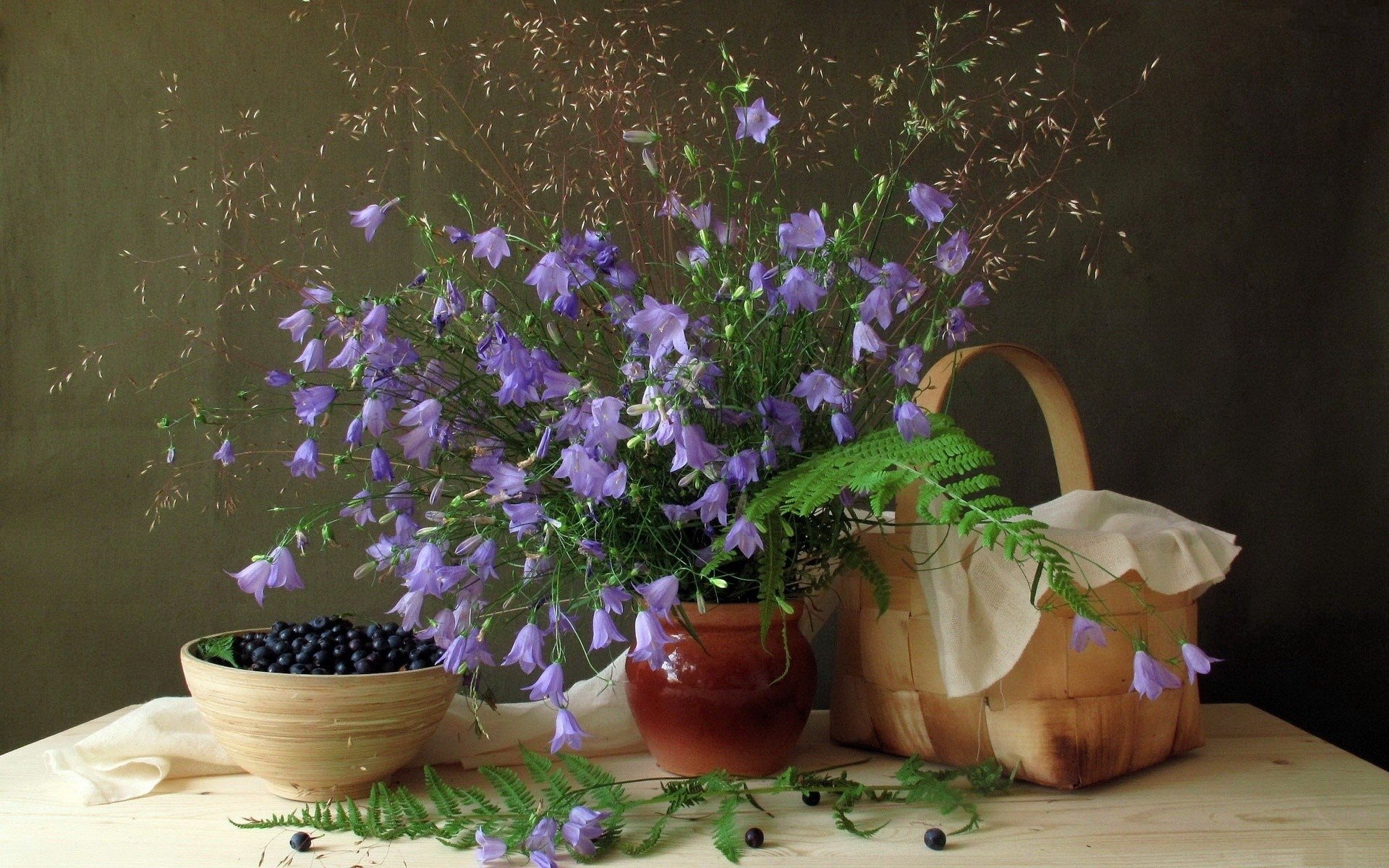 fiori campane natura morta mirtilli piatto cestino felce foglie bacche