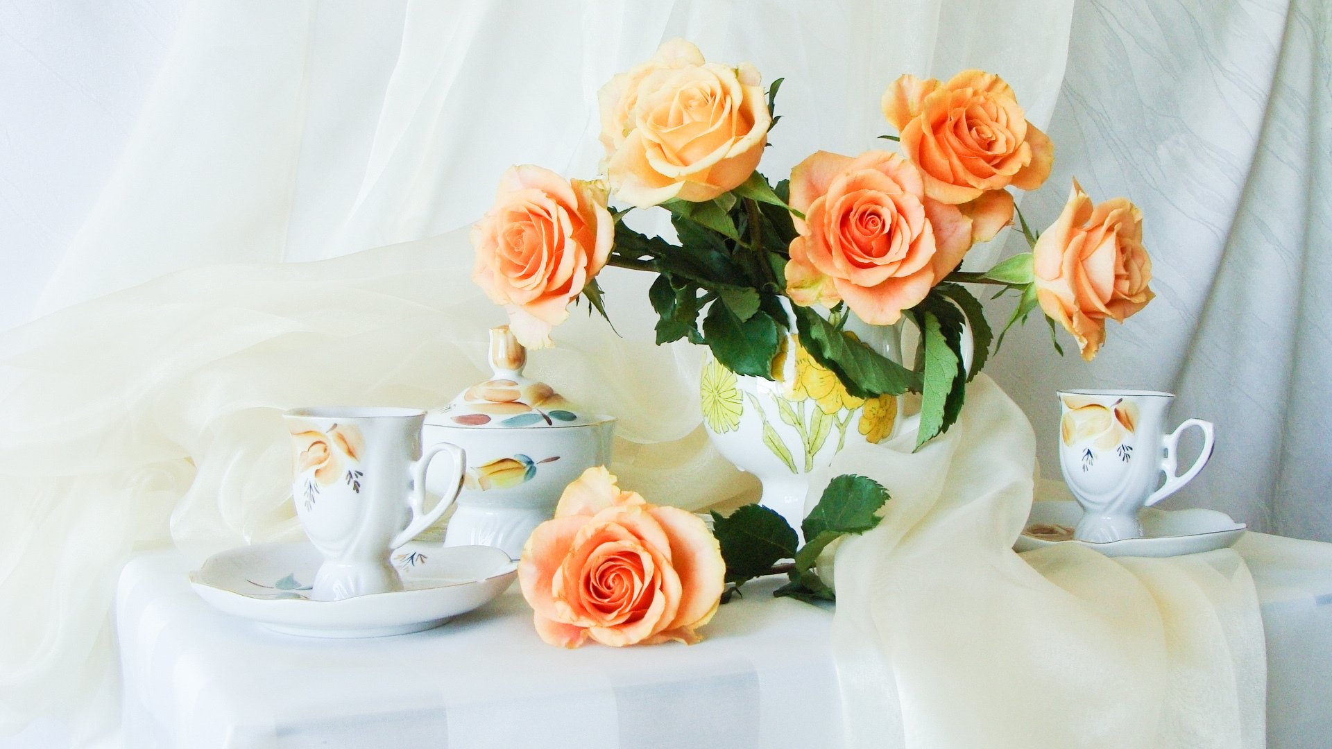 roses flowers flower beautiful delicate bouquet buds cups teapot table tablecloth silk still life