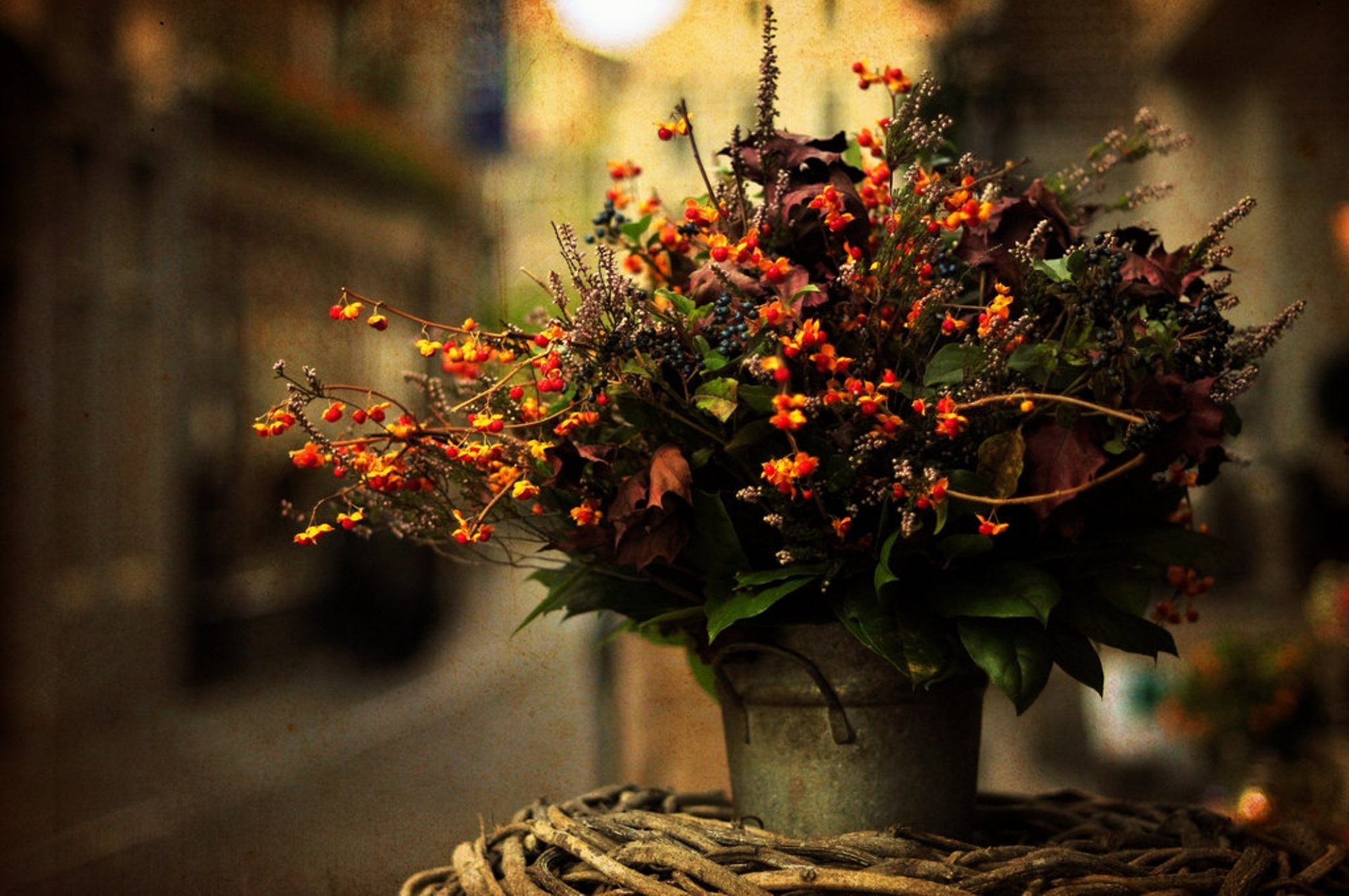 bouquet fleurs feuilles flou