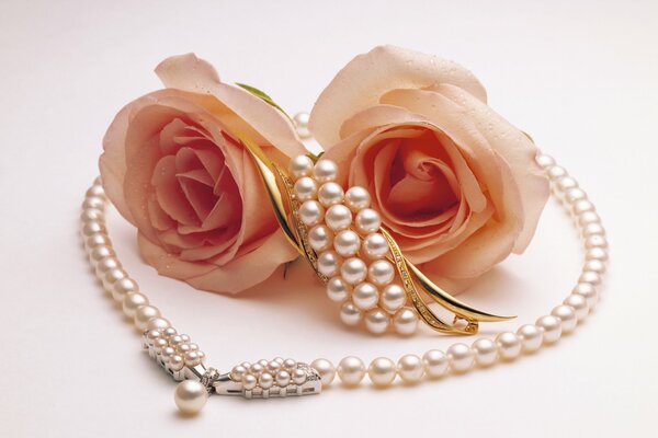 Due rose hanno evidenziato la bellezza dei gioielli di perle