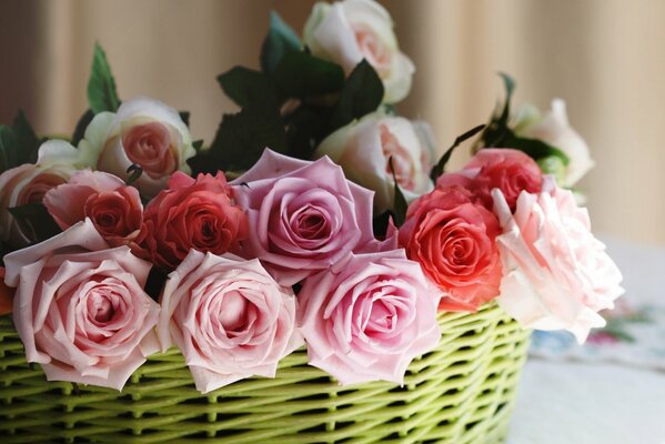 Rosas delicadas en una cesta de mimbre