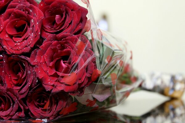 Bouquet de roses Bordeaux dans un emballage transparent