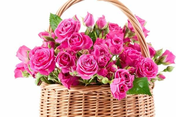 A charming bouquet of roses in a basket