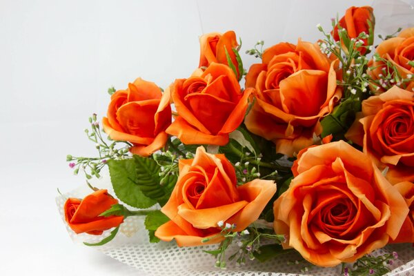 A bouquet of orange roses in a package