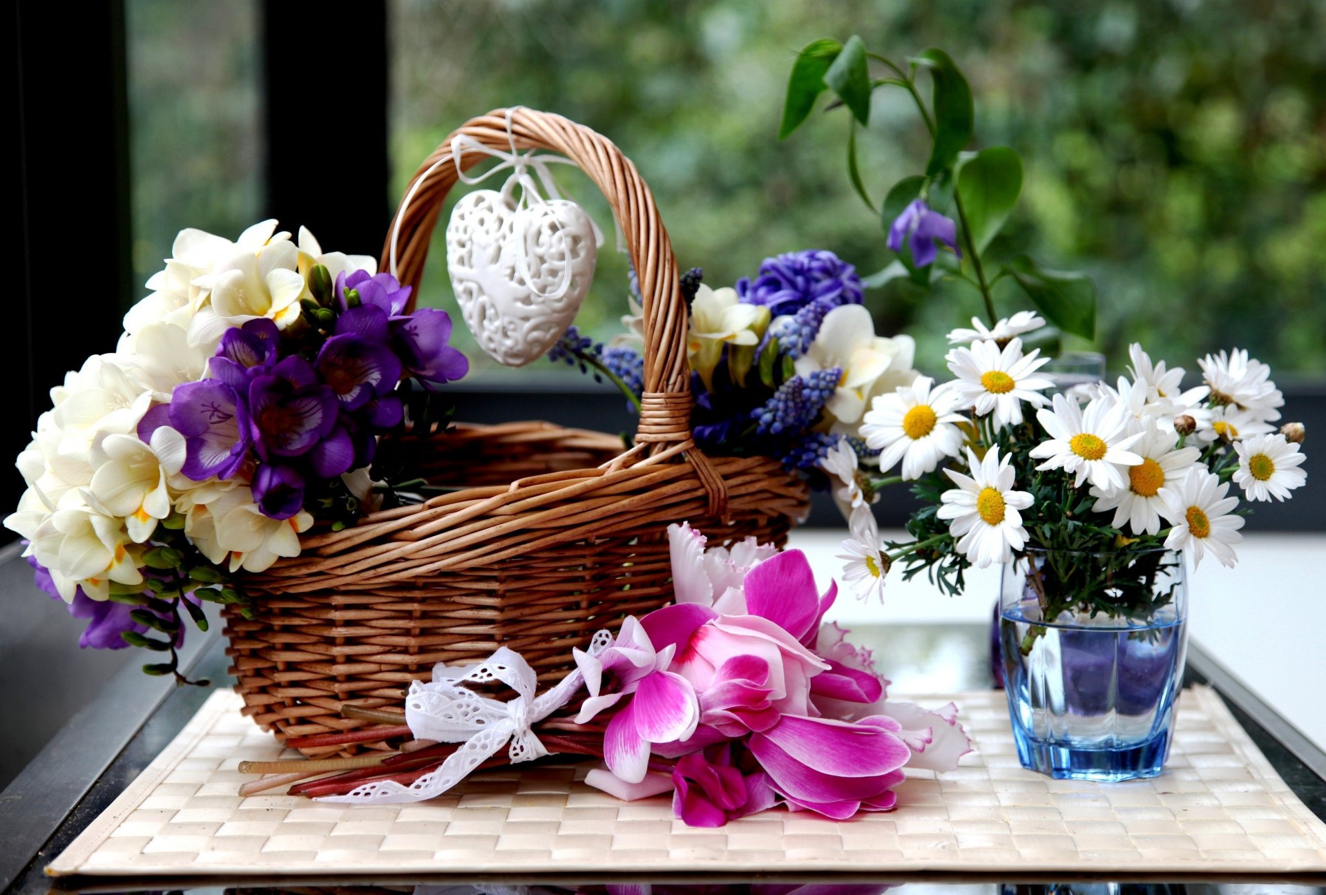 flower cyclamens chamomile hyacinths mills basket heart glass water