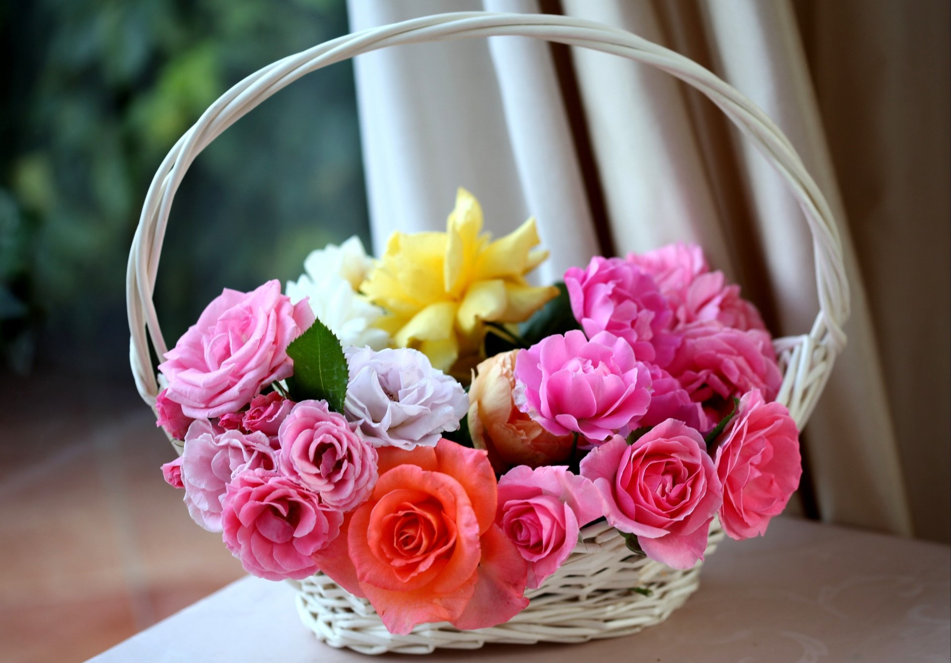 flower basket roses pink orange white