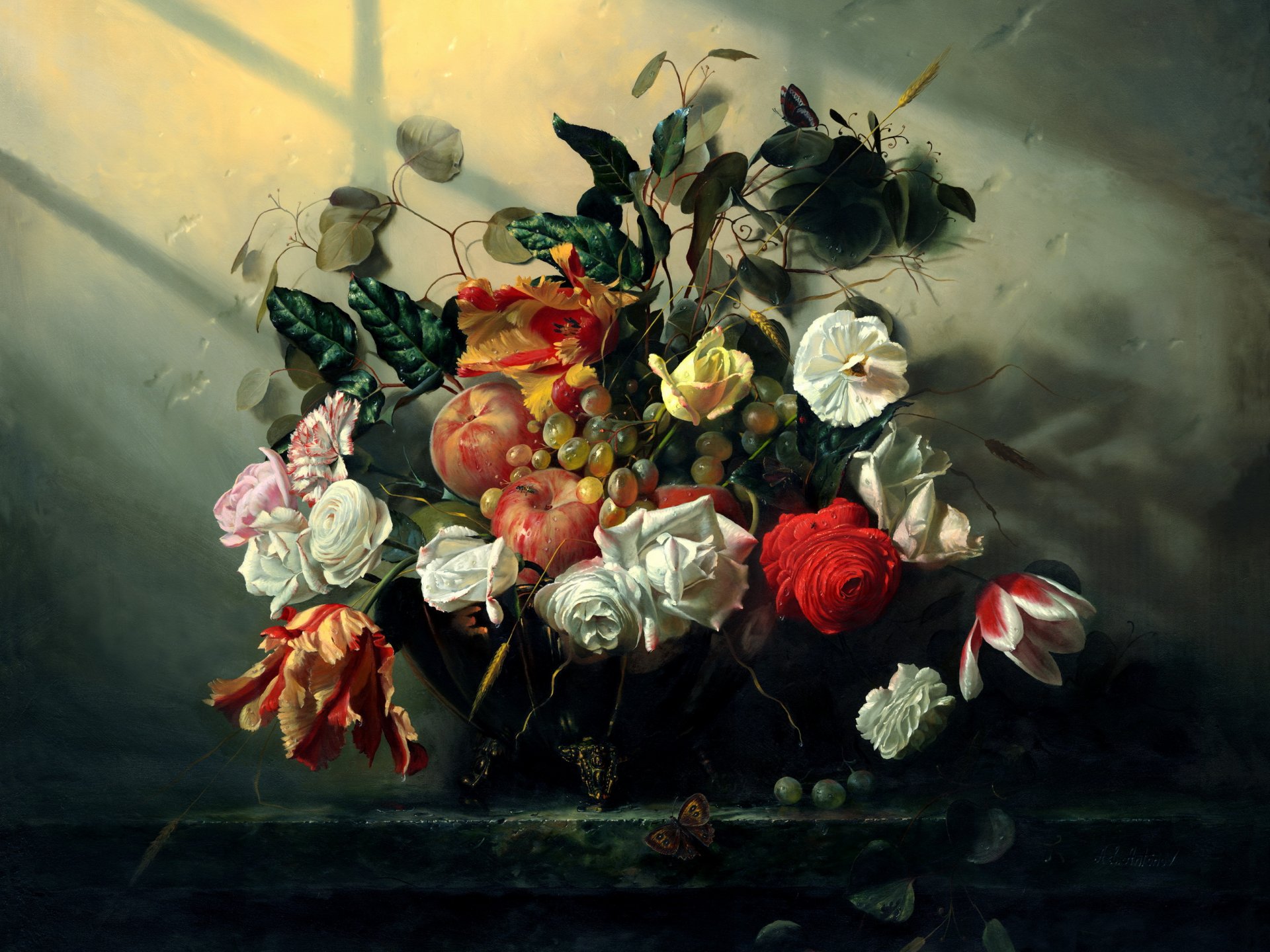 naturaleza muerta arte flores fruta pintura alexei antonov mariposa