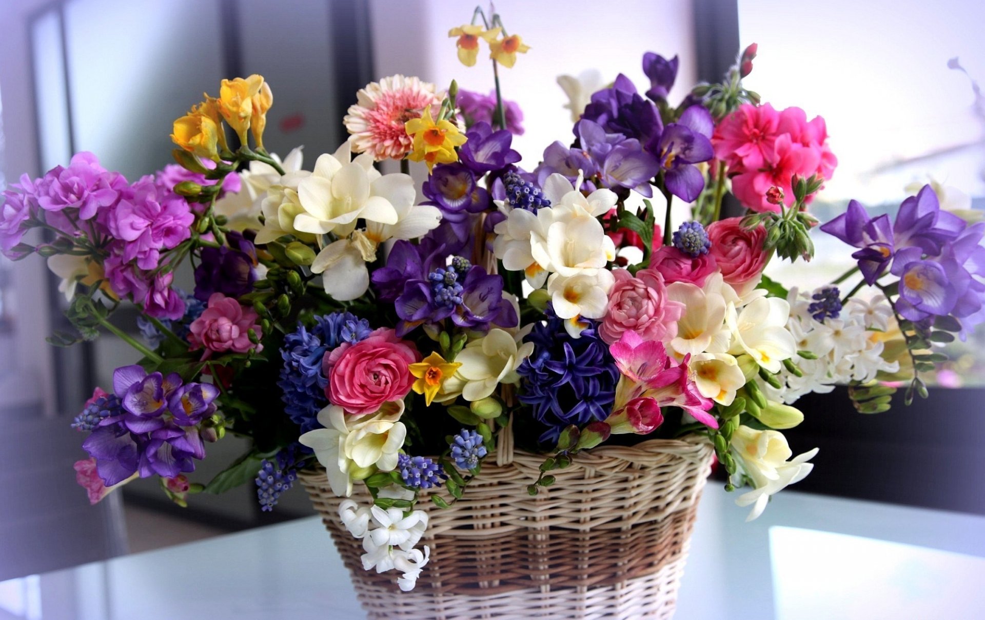 flores cesta ramo varios hermoso ranunculus fresias jacintos