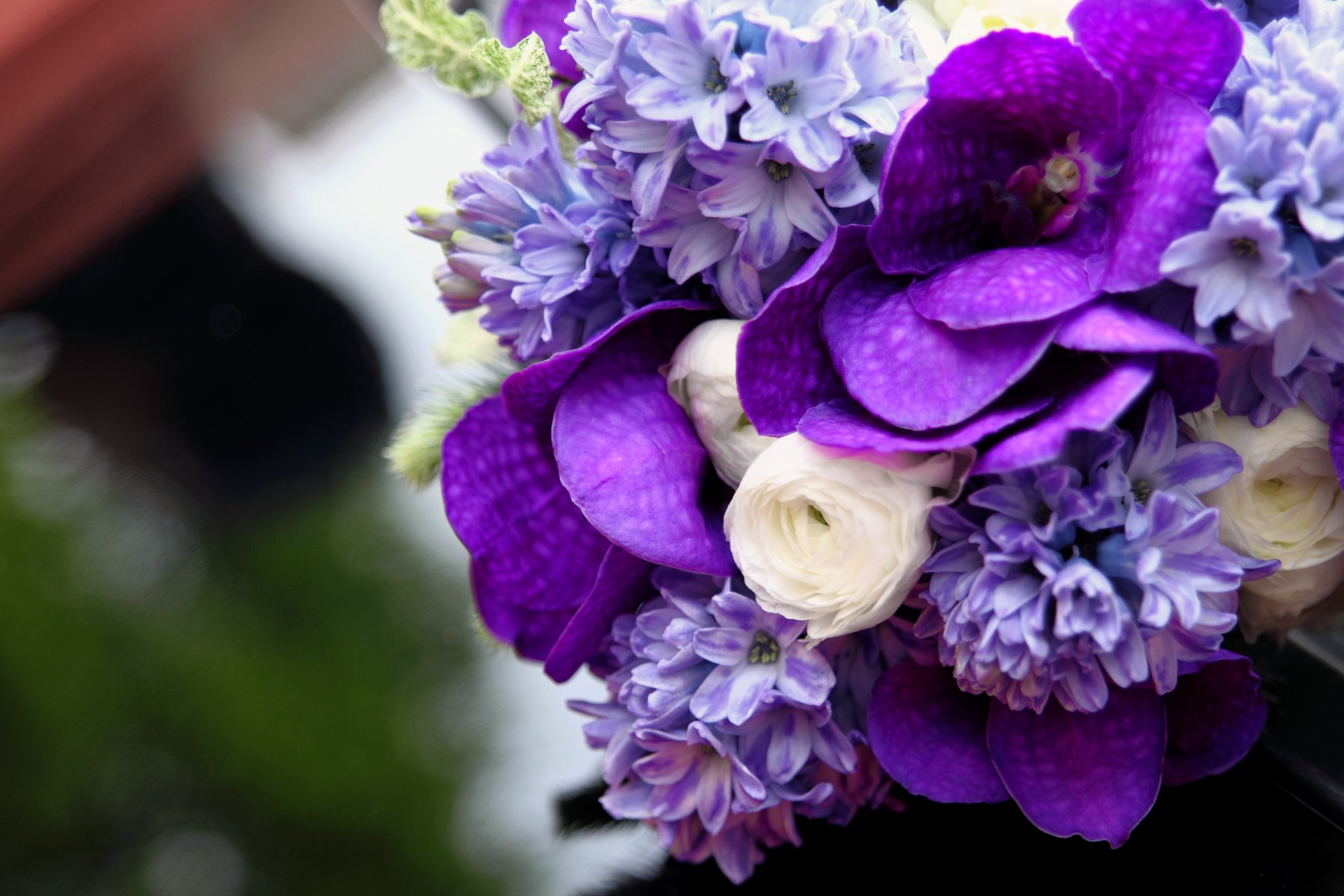 bouquet hyacinth ranunkulyus wanda orchid white purple