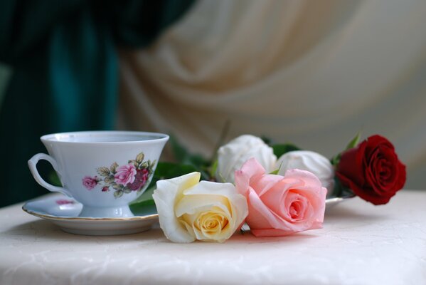 Still life of a cup with flowers and flowers