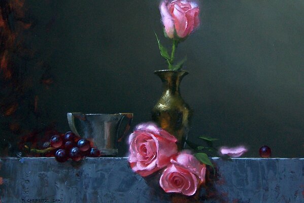 Cheifetz s painting. Still life of roses and grapes