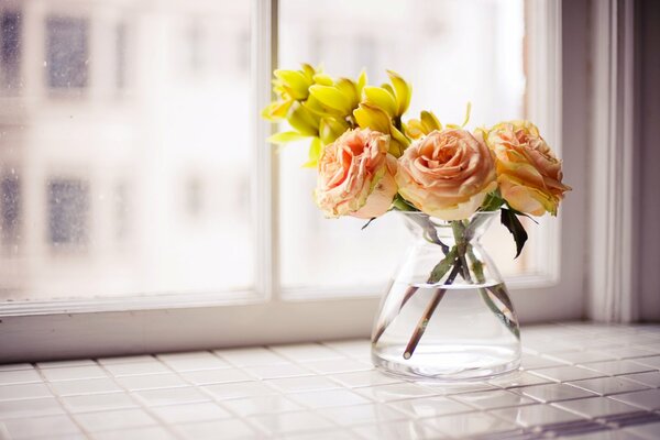 Roses jaunes dans un vase transparent près de la fenêtre