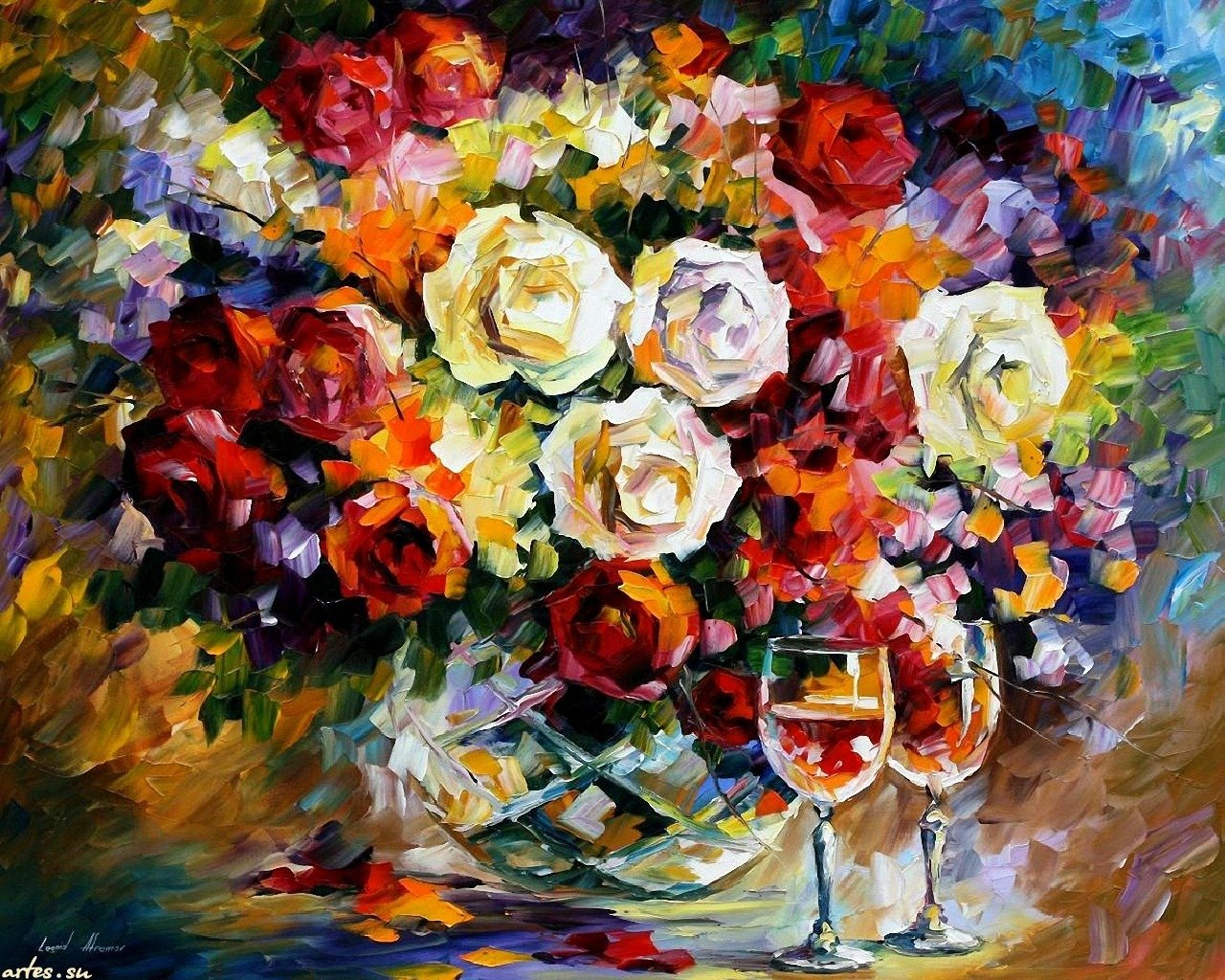 picture oil glasses bouquet rose