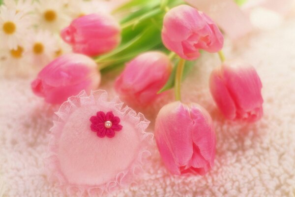 Pink tulips with a heart