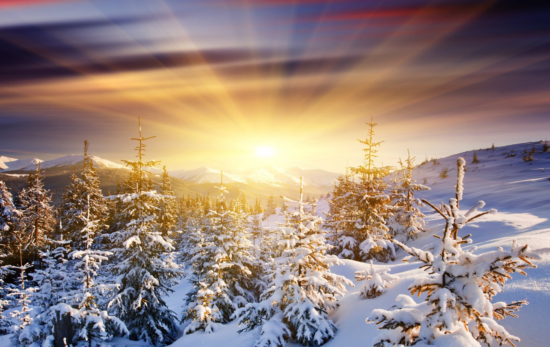 sonne schnee berge dämmerung