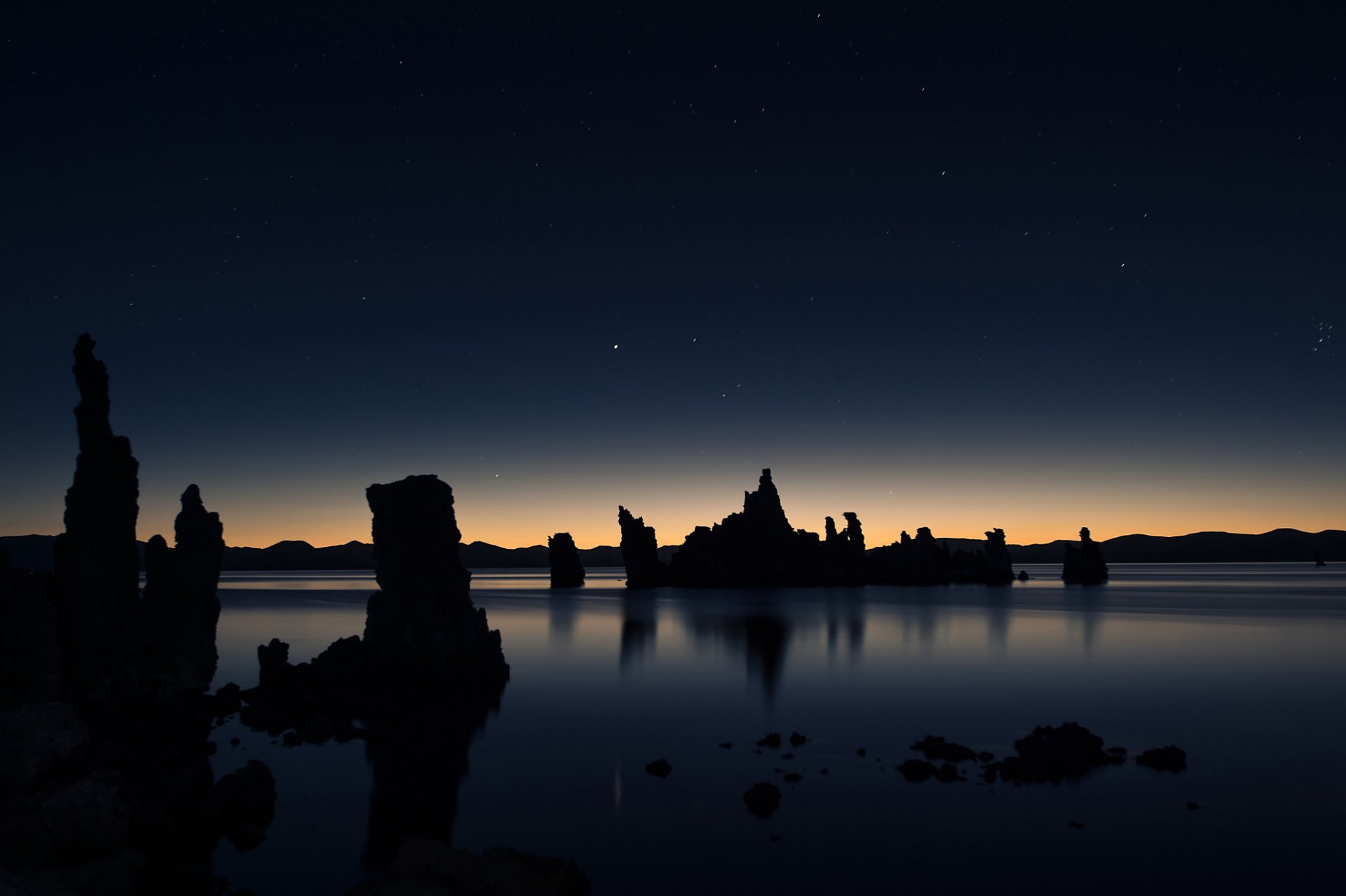 lago mono california amanecer lago reflexión estrellas