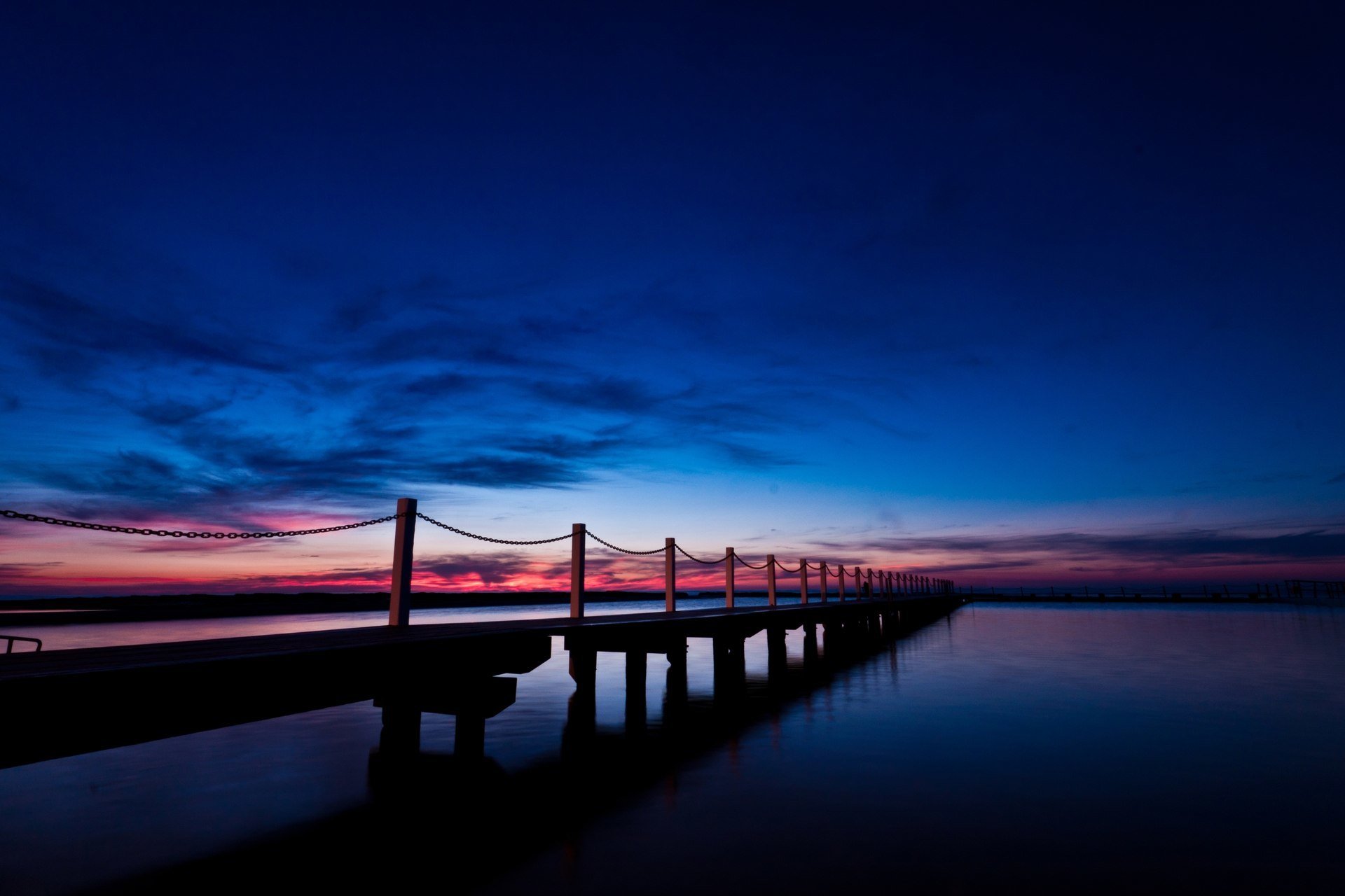 nature bridge bridge fence sticks boards chain sea water river horizon sky pink clouds evening background wallpaper widescreen fullscreen widescreen widescreen