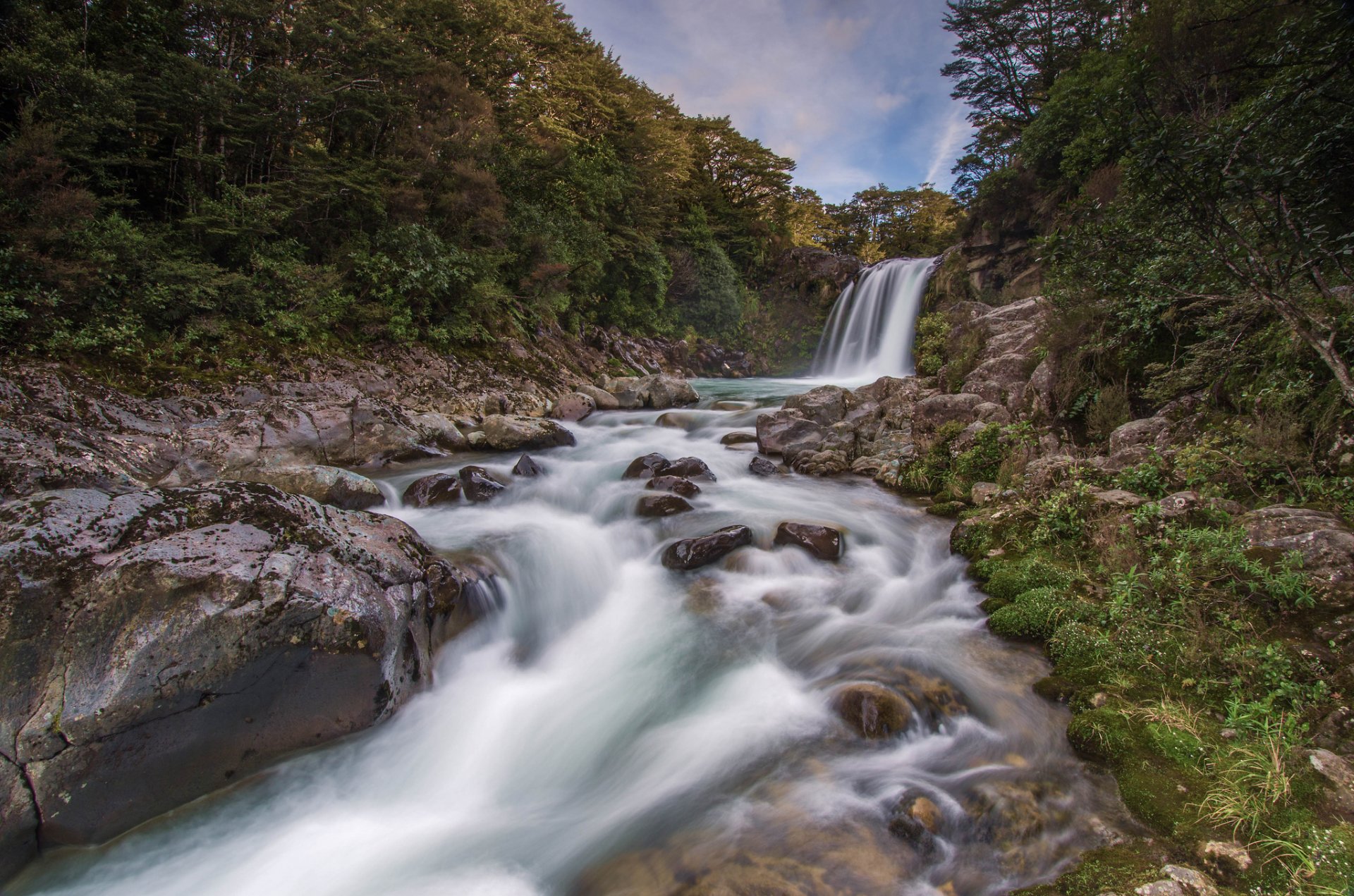 tawhai falls nueva zelanda cascada río bosque piedras