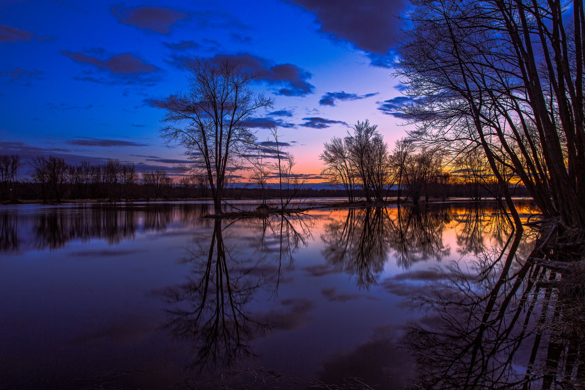 canada ontario lake reflection tree night orange sunset blue sky cloud