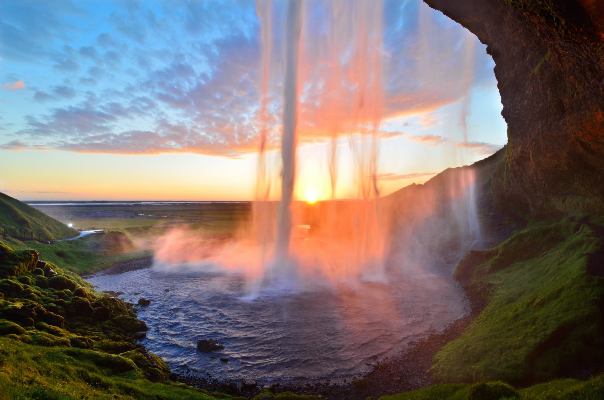 eljalandsfoss islandia seljalandsfoss wodospad strumień zachód słońca