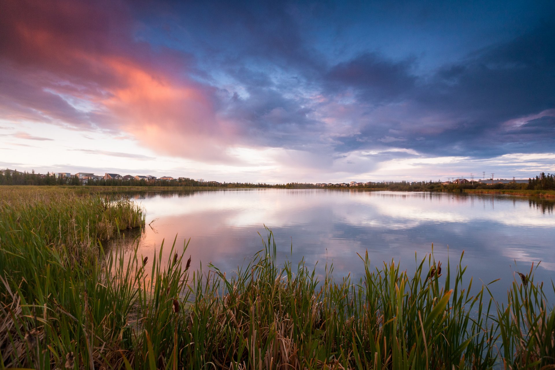 canada lake grass reed houses village night sky cloud