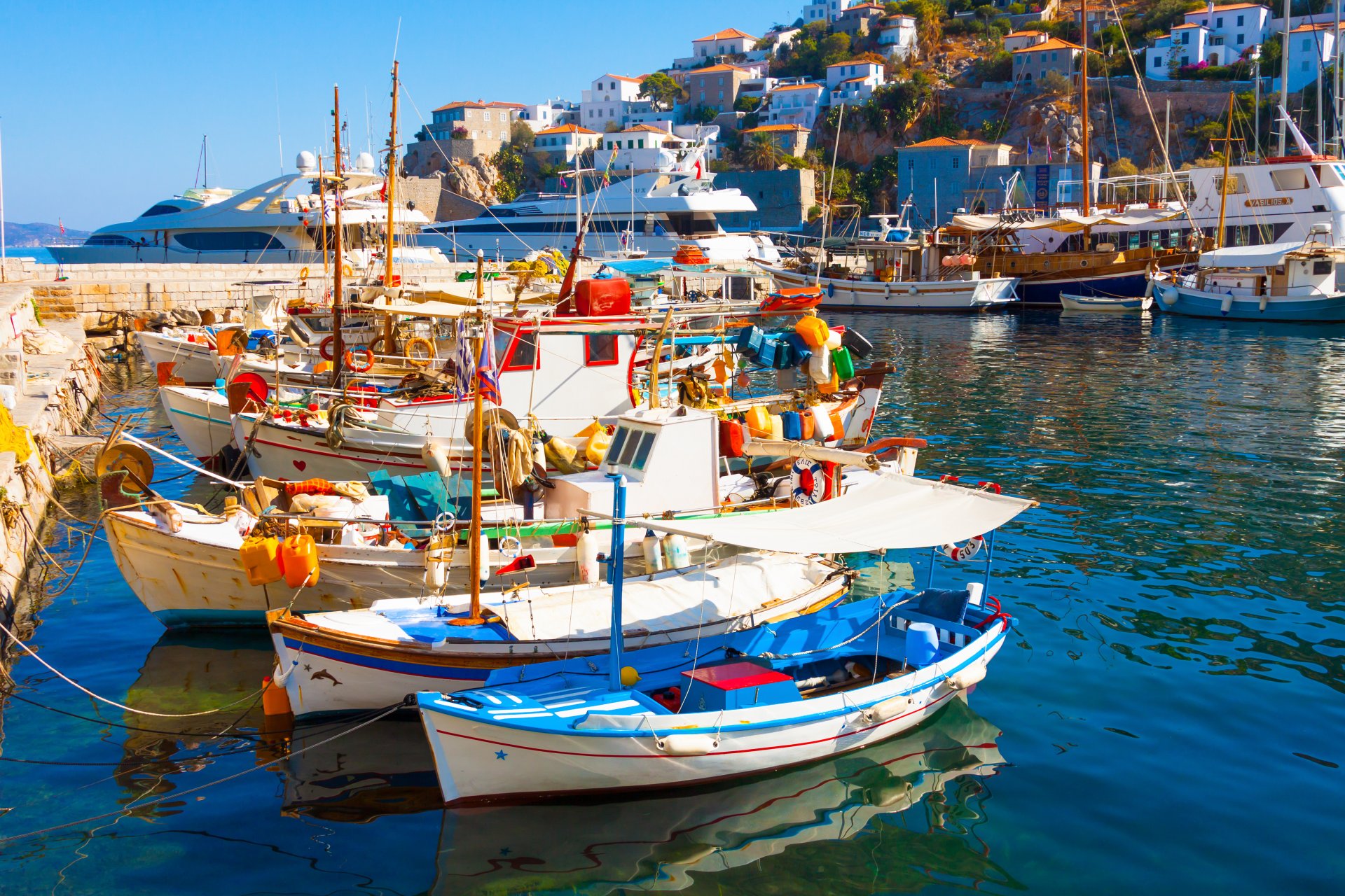 natur landschaft meer häuser griechenland santorin boote