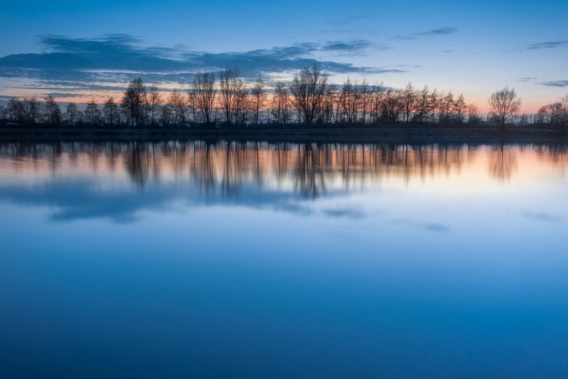 alberi fila lago acqua superficie liscia riflessione blu cielo nuvole sera tramonto silenzio