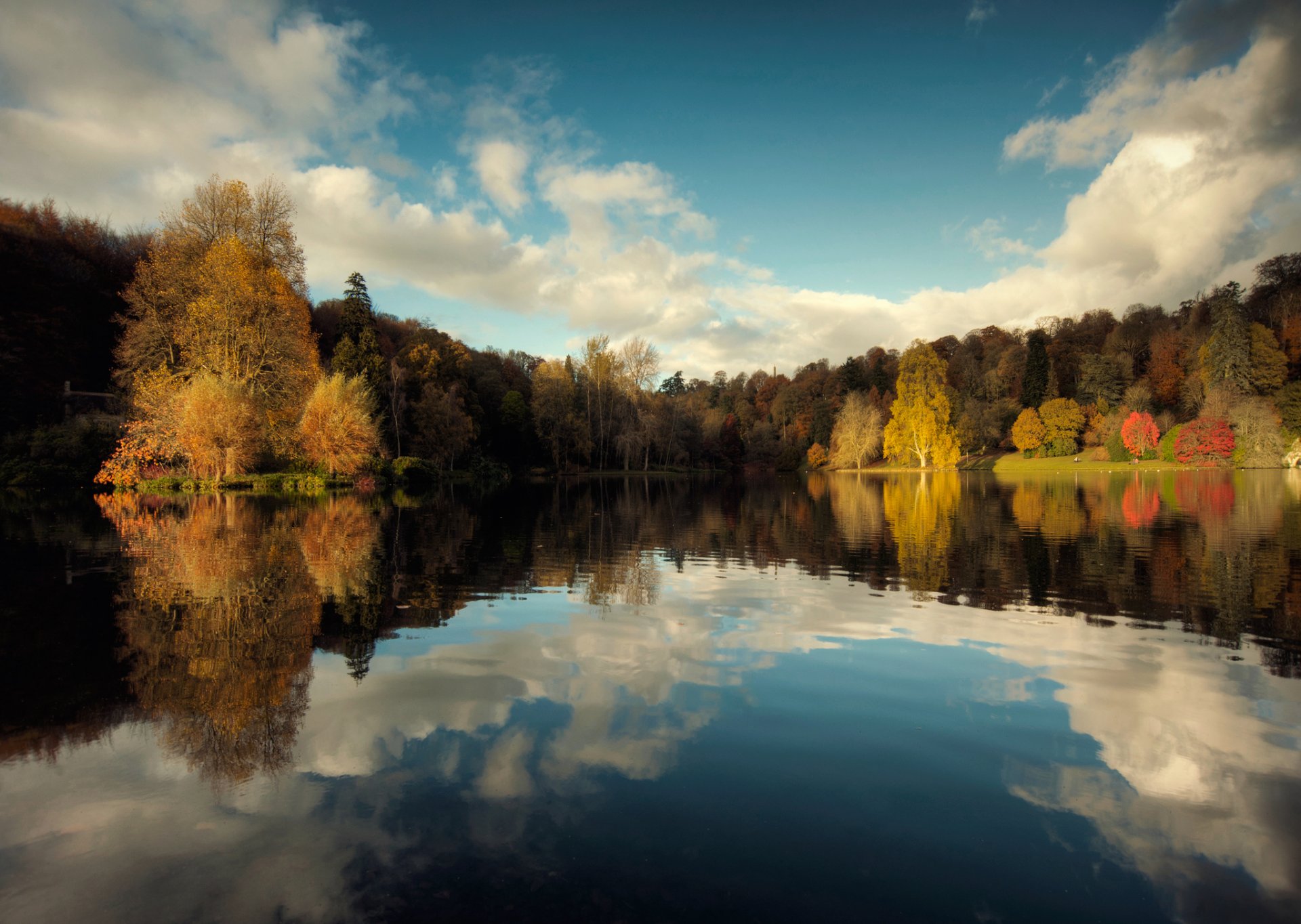 nature autumn lake sky tree reflection