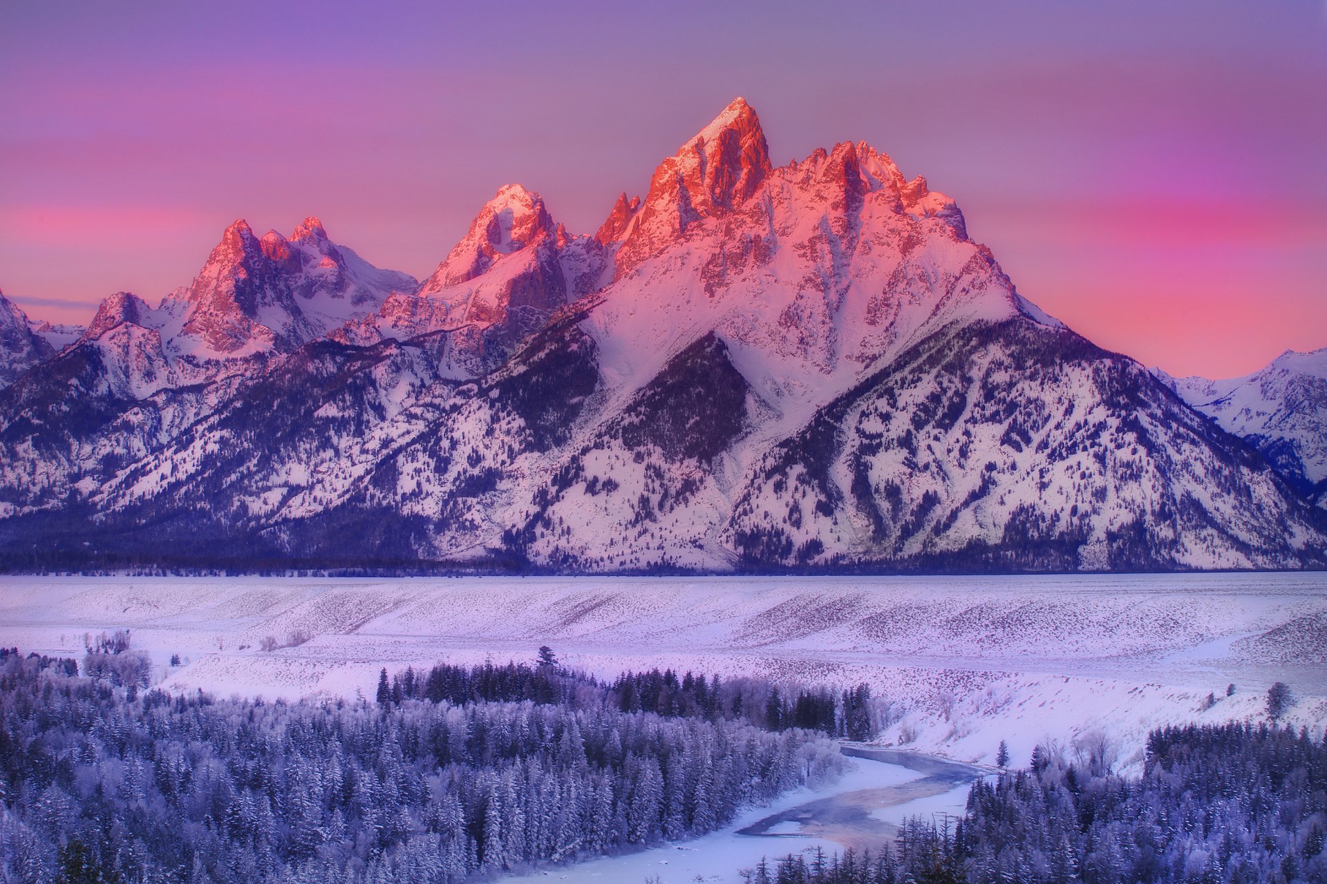 alpenglow sur grand teton-rivière serpent surplombant la rue grand teton national park wyoming montagnes parc national hiver neige