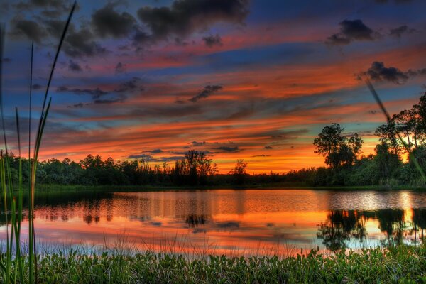 Яркий закат отражается в воде лесного озера