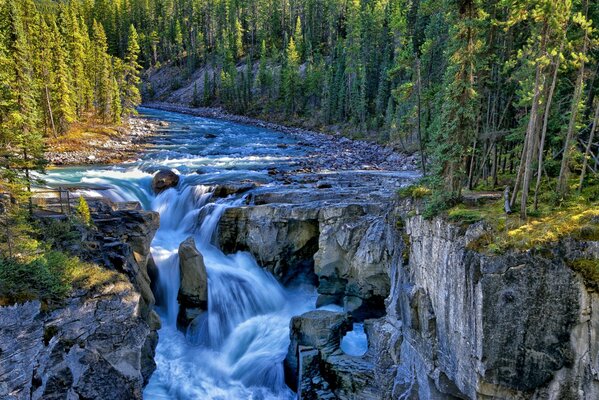 Die Ungezügeltheit der felsigen Wasserfälle von Jasper Park
