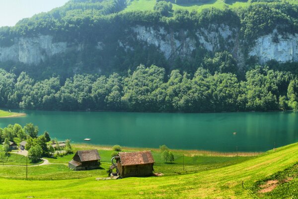 Maisons suisses sur la montagne près de la rivière