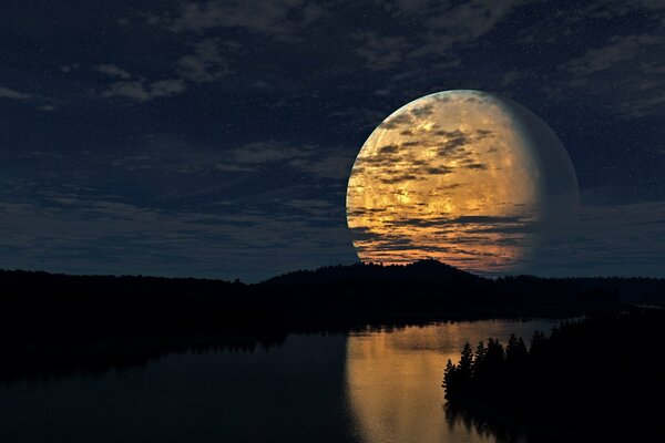 Ogromny księżyc odbija się w wodzie