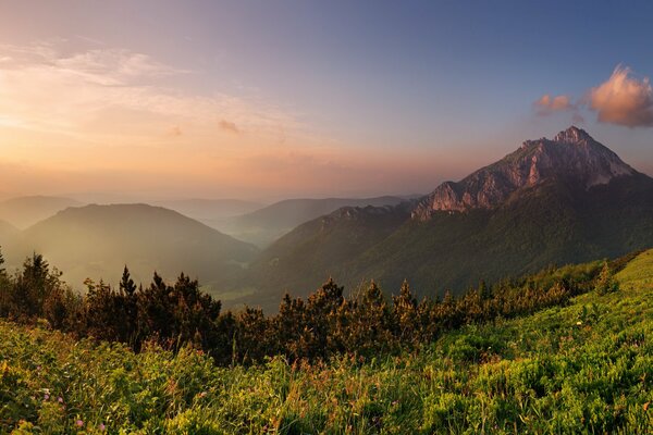 Bajo sol sobre el campo y las montañas