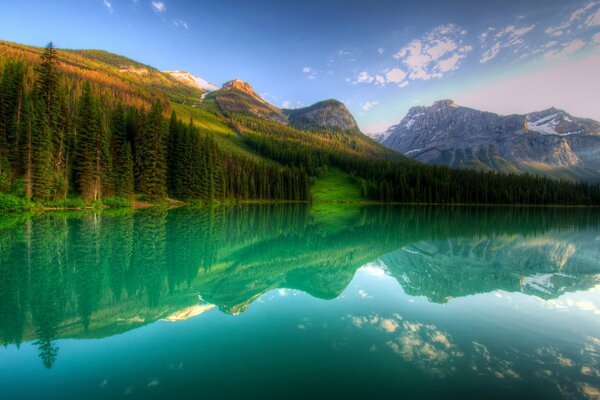 Lago boscoso en el fondo de las montañas en Canadá