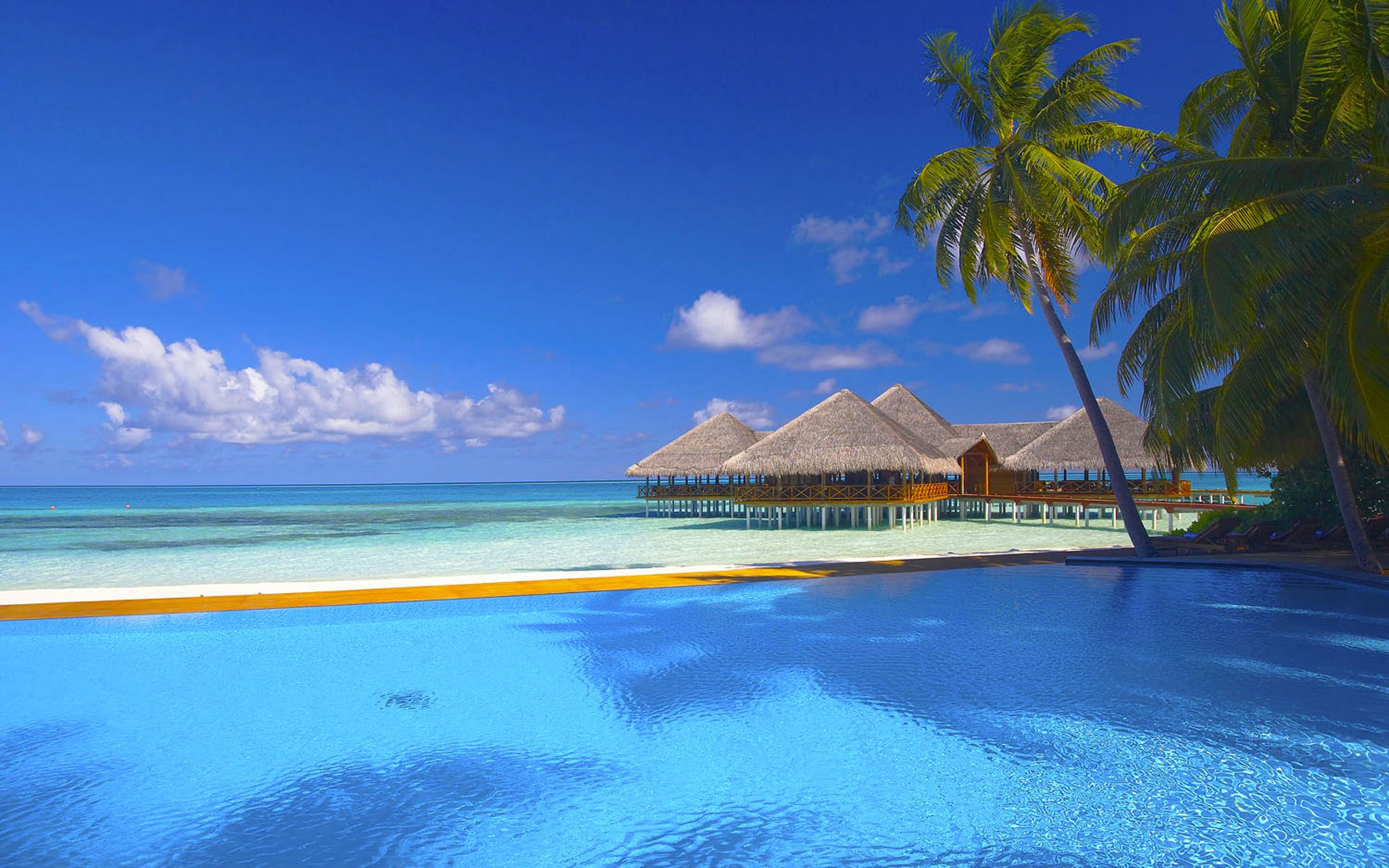 mar océano playa cabañas palma palmeras piscina tumbonas cielo nubes arena