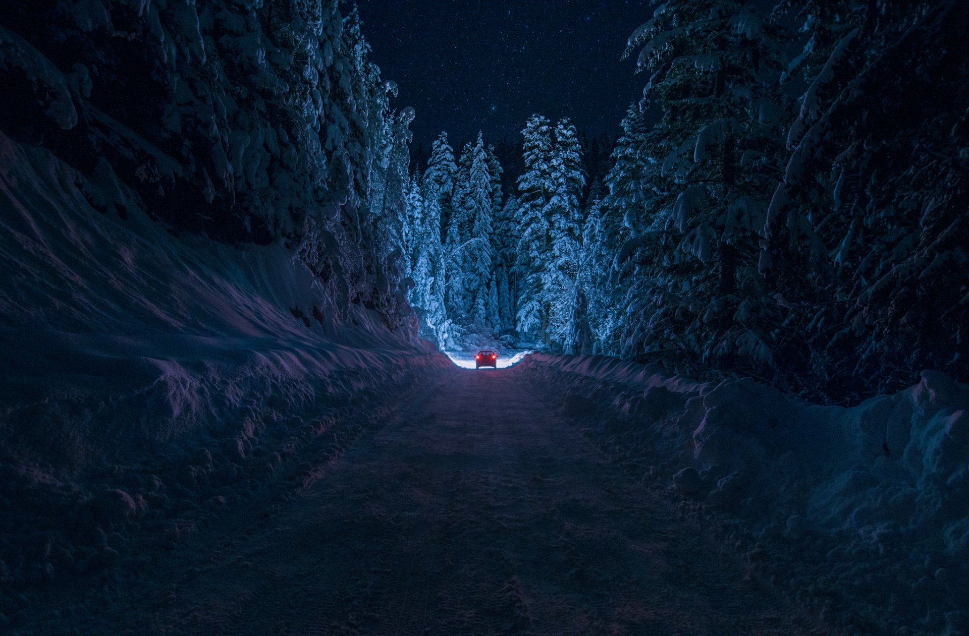 bulgaria kyustendil winter road snow forest night machine light sky star by inhiu