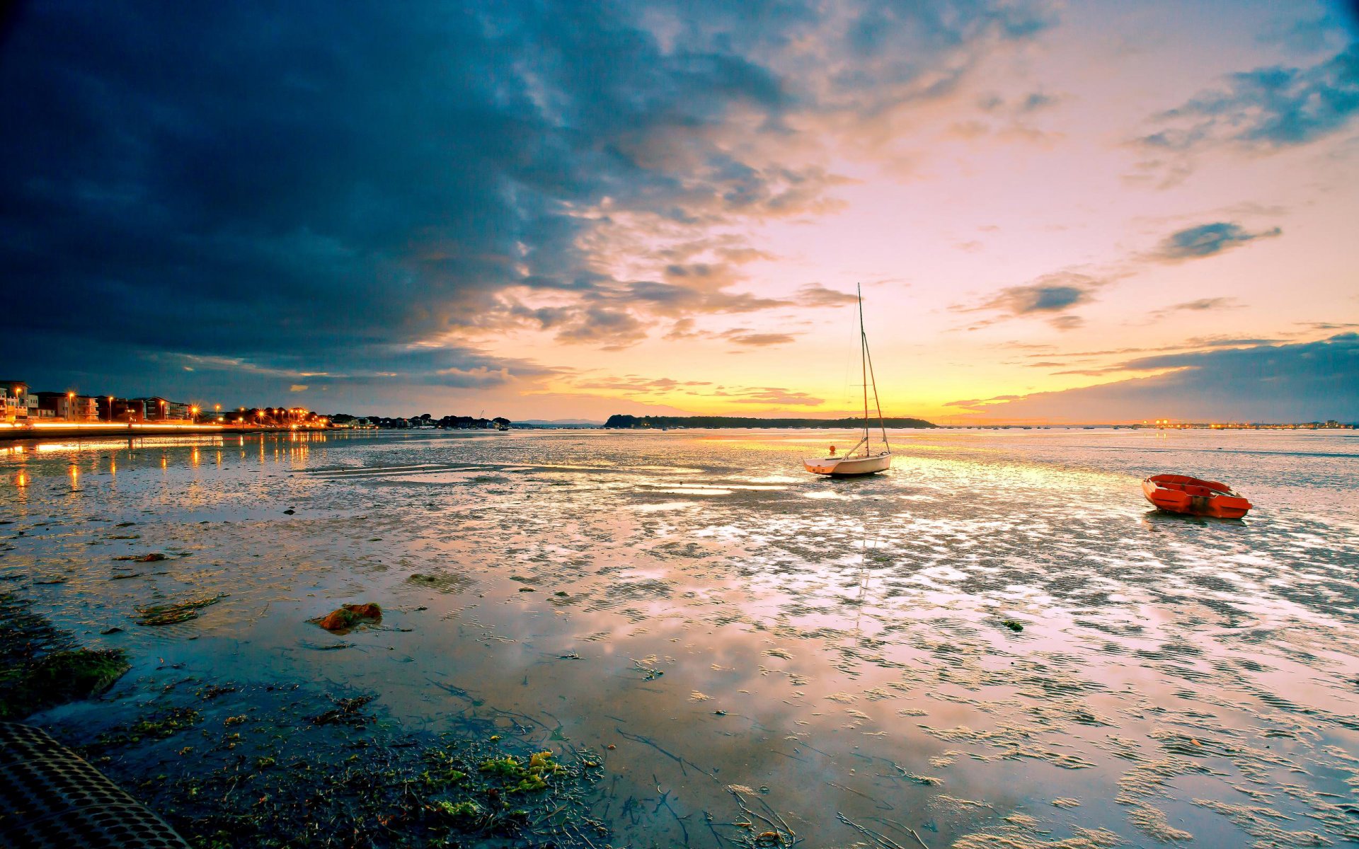 nature landscape sky clouds sea sunset boat beach