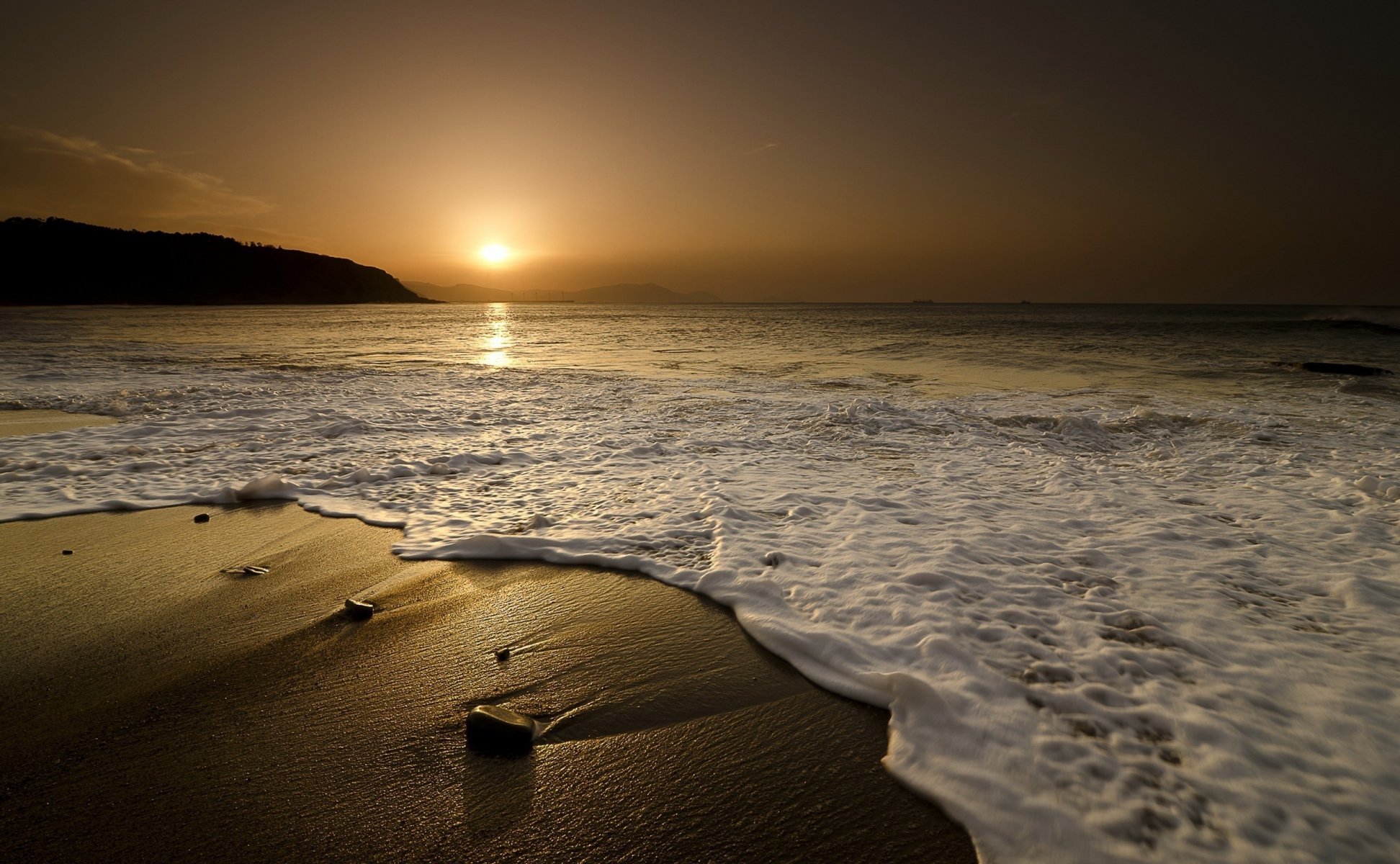 naturaleza paisaje arena mar olas piedras puesta de sol