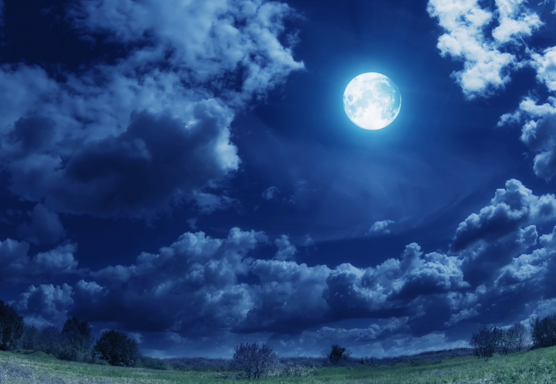 feld bäume mond wolken glanz vollmond