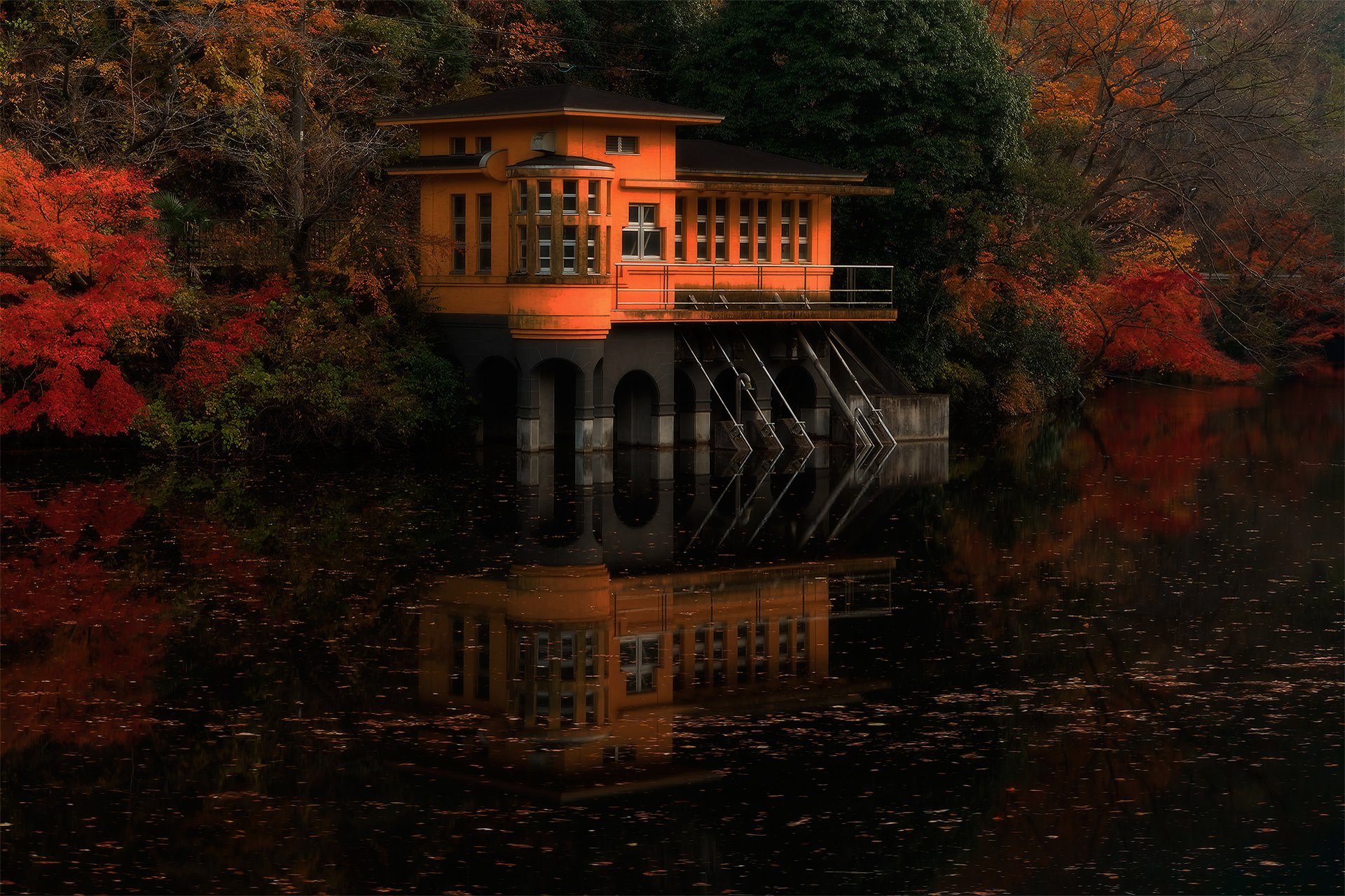 naturaleza japón otoño casa en el agua bosque río pinturas