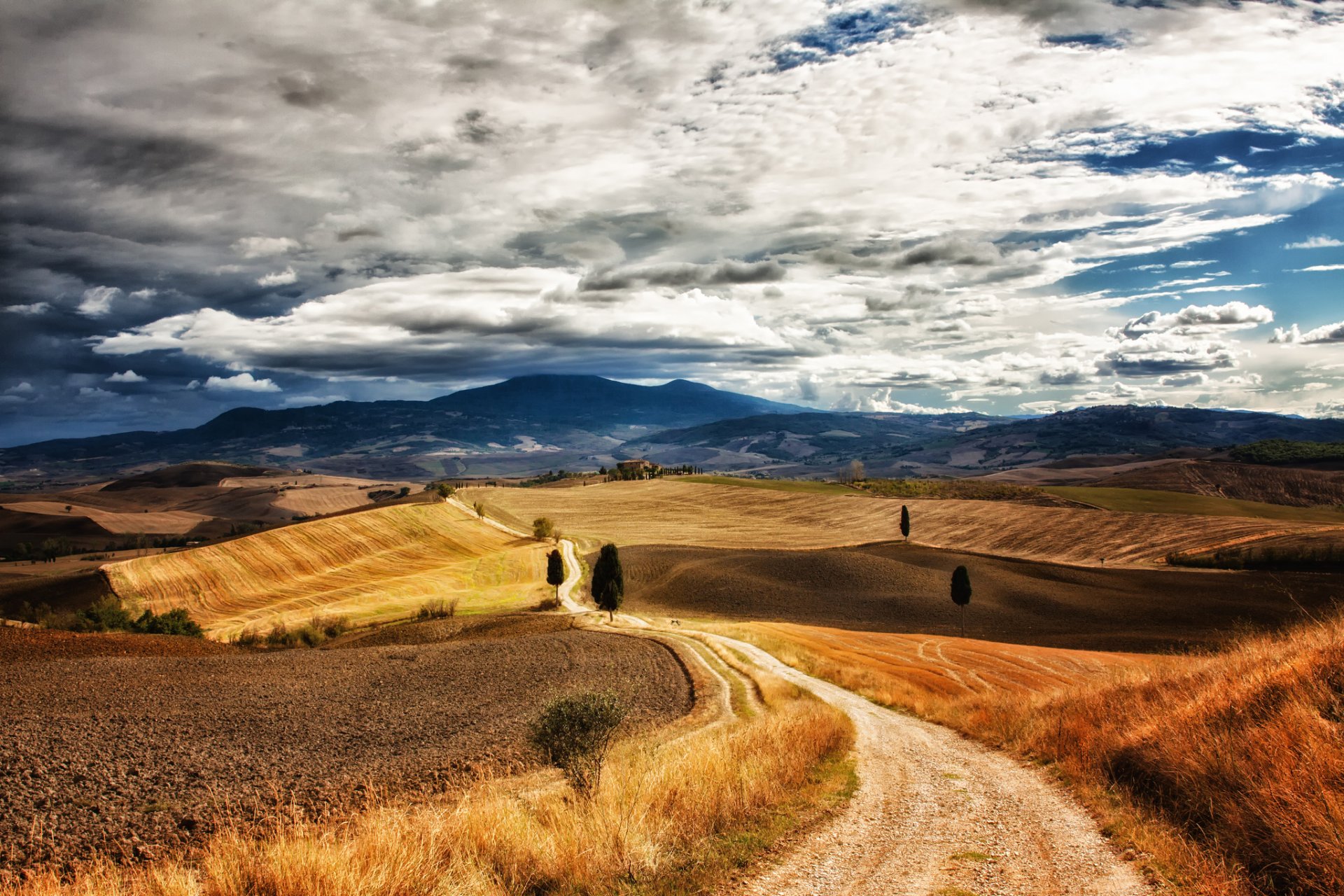 italie toscane champ sentier arbres collines bleu ciel nuages